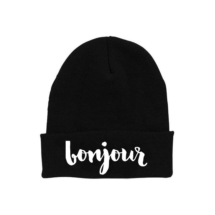 Bonjour Beanie Black Cap Hat Paris France Beanies Embroidered Etsy
