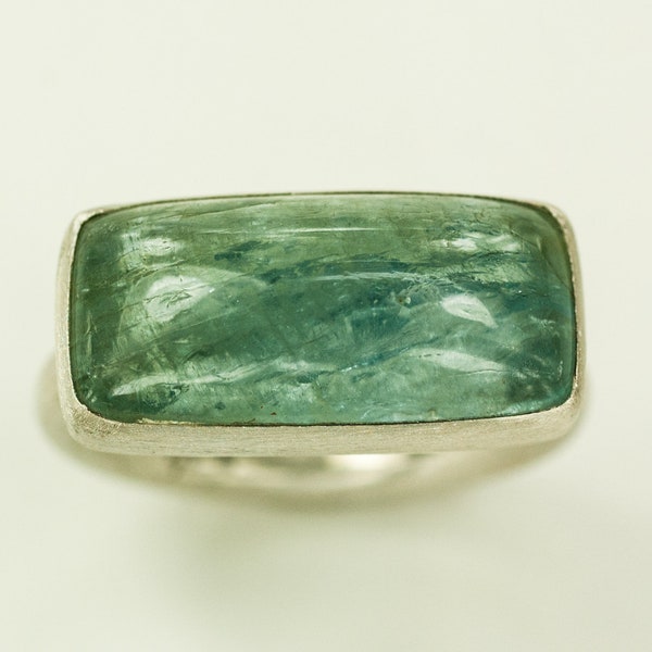 Blue Green Aquamarine Rectangle Cabochon Ring with Fine Silver Open Back Bezel Round Silver Ring Wire   Size  7 (US)  One of a Kind