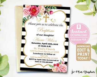instant download floral baptism invitation girl christening etsy