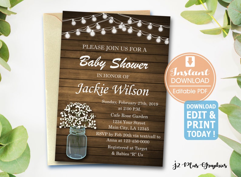 Instant Download Baby Shower Invitations Printable Rustic Etsy