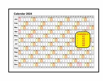 Calendrier mural 2024 Dairy Wallchart Wallplanner A1 A2 A3 A4 A5 Respectueux de l'environnement Certifié FSC. MOIS qui traverse