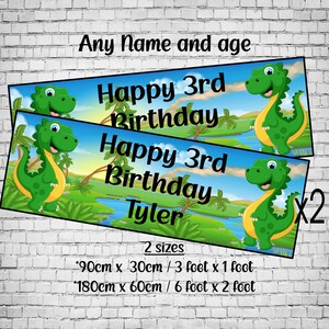 2 x Personalisierte Dinosaurier Banner ECO Geburtstag Party Dekorationen Name Junge Mädchen Bunte Kinder Cartoon Poster Wand Feier Angepasst