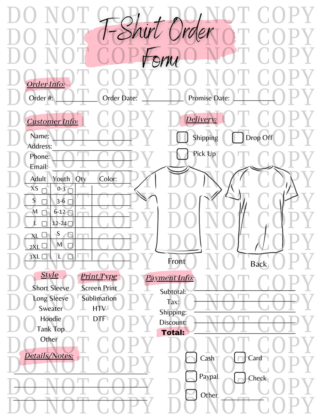 T-shirt Order Formdigital-printablepink Highlightdesign - Etsy