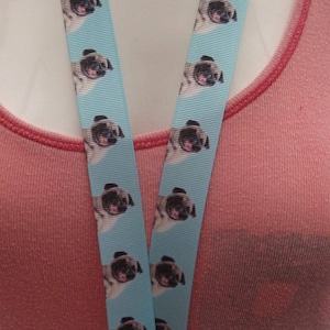 Pug with tie on dog breakaway lanyard keys, whistle, ID badge turquiose