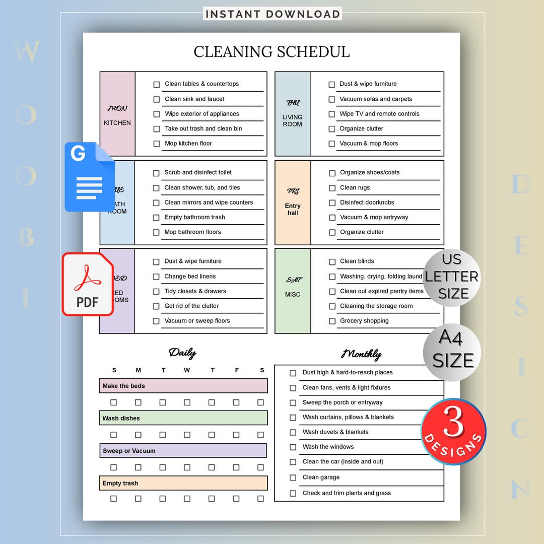 Editable Cleaning Schedule: Printable Daily, Weekly, Monthly Chore ...