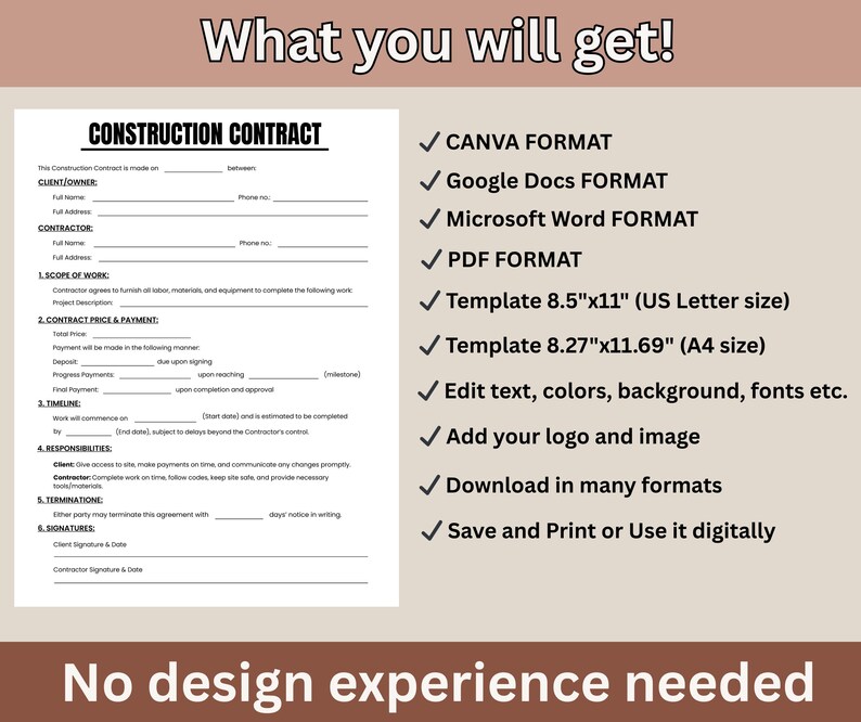 Editable Construction Contract Template: Printable Builders Agreement ...