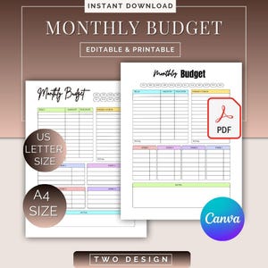 Editable Monthly Budget Tracker: Printable Personal Finance Planner (Canva Digital Download)