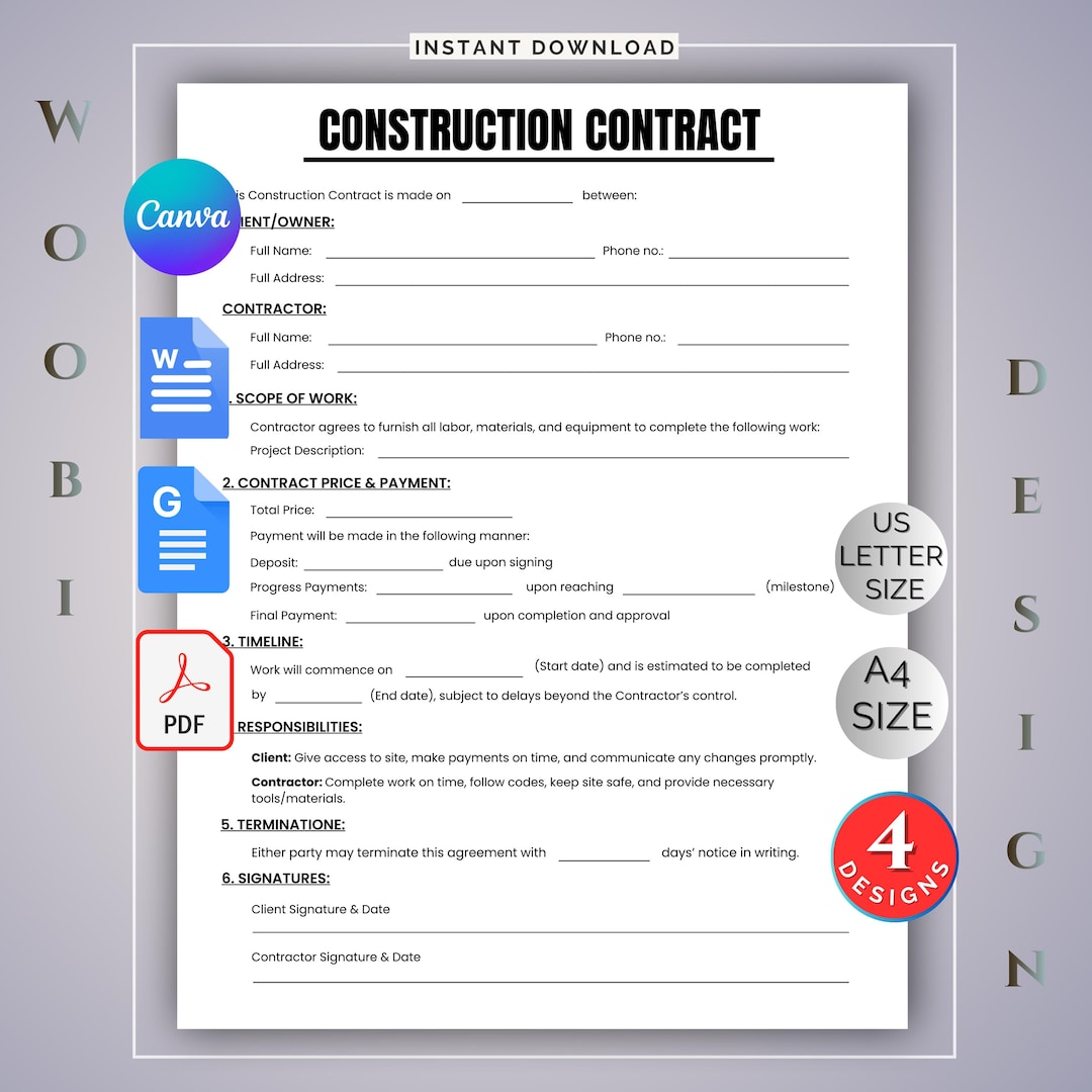 Editable Construction Contract Template: Printable Builders Agreement ...