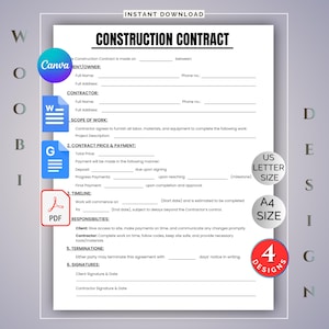 Bewerkbare sjabloon voor bouwcontracten: afdrukbaar formulier voor aannemersovereenkomst (Canva-, Google Docs- en Word-indeling)