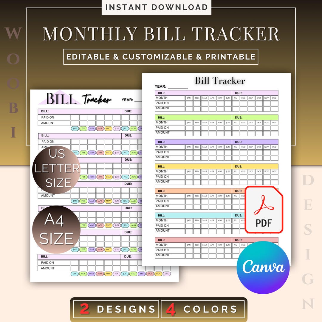 Printable Monthly Bill Tracker: Editable Personal Annual Expense Log ...