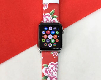 Vintage Floral Apple Watch band women 38mm 40mm 41mm and 42mm 44mm, 45mm 49mm Apple watch strap, red rose flower fashion