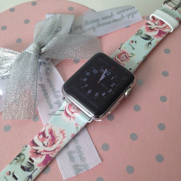 Pink Rose Floral Apple Watch band women, apple watch strap 38mm 40mm 41mm 42mm 44mm 45mm 49mm, leather strap, iwatch band, mint flower