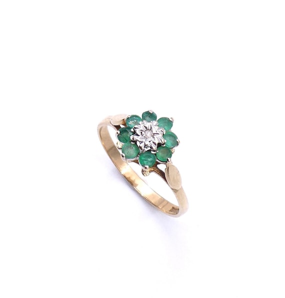 Vintage emerald cluster ring, emerald flower 9kt g