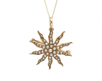 Antique sunburst pendant with seed pearls in 14kt gold, an exceptional celestial gold antique pendant on a 9kt gold chain.