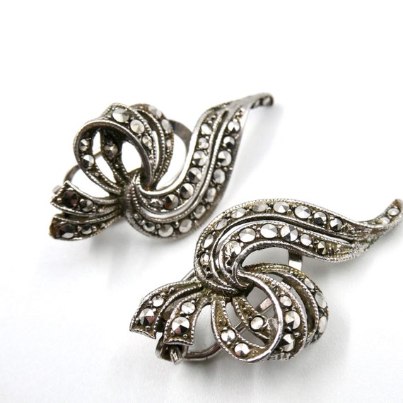 Silver marcasite clip on earrings, vintage silver