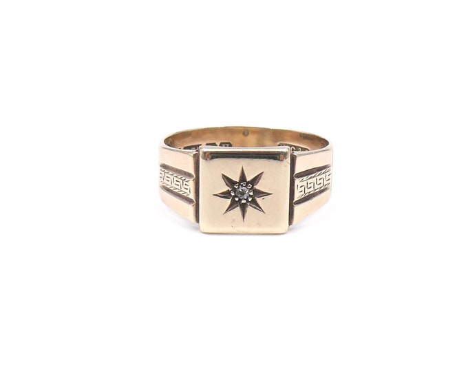 Antique star engraved diamond signet ring, square faced signet ring, hallmarked from 1856-7.