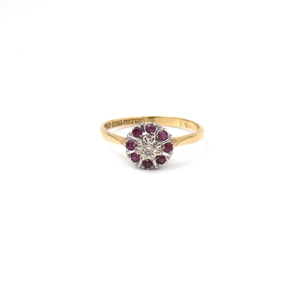 Ruby flower ring, diamond ruby cluster 18kt gold,… - image 1