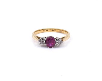 Vintage ruby diamond ring, three stone ruby and diamond ring, ideal July birthstone ring gift.