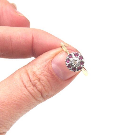 Ruby flower ring, diamond ruby cluster 18kt gold,… - image 6