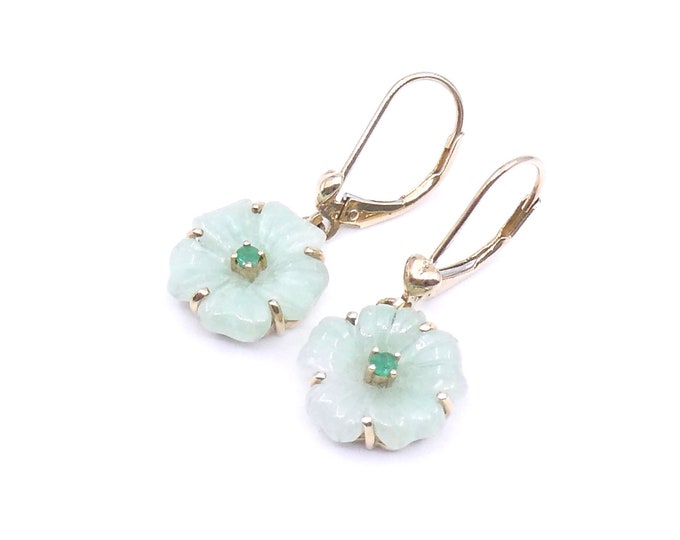 Jade, emerald and 9kt gold earrings with a floral design, pretty green drop earrings.