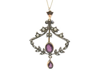 Antique pendant set with seed pearls and purple stones, art nouveau openwork pendant in gold plated silver.