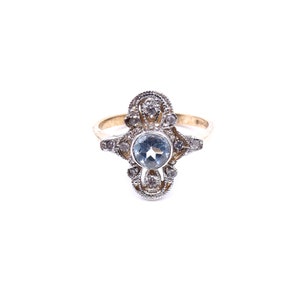 Elegant aquamarine diamond ring, pretty aquamarine ring set in 9kt gold, art deco style aquamarine ring with diamonds.