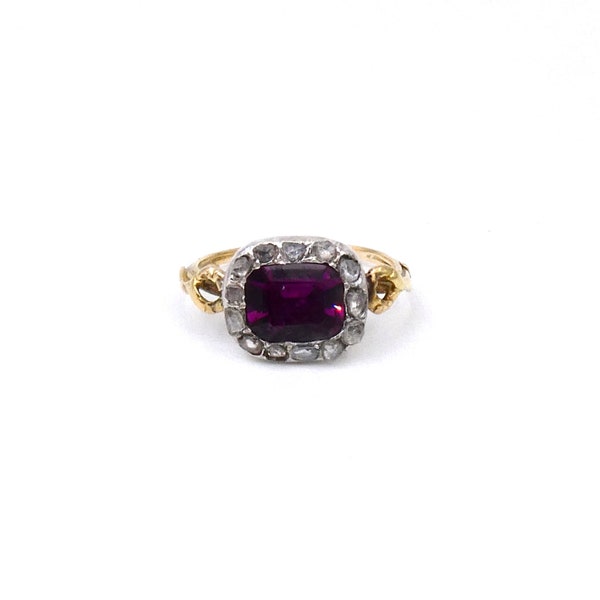 Georgian garnet ring, antique garnet ring set with a rectangular purple pink garnet, and old cut diamonds.