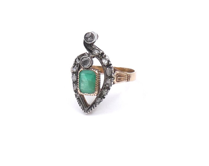 Vintage emerald diamond ring, a heart shaped design with old cut diamonds in gold, vintage emerald ring.