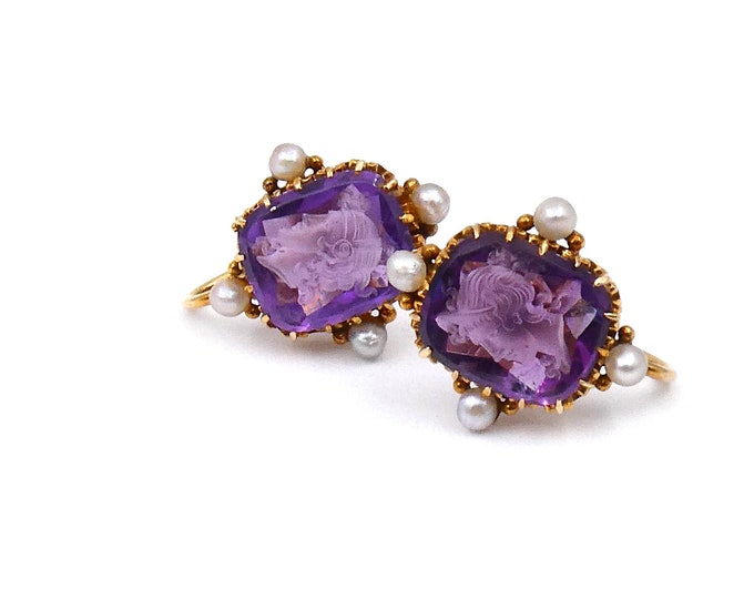 Stunning pair of earrings set with carved amethyst gemstones and pearls, clip/screw back earrings