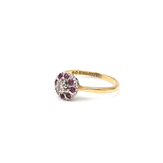 Ruby flower ring, diamond ruby cluster 18kt gold,… - image 2
