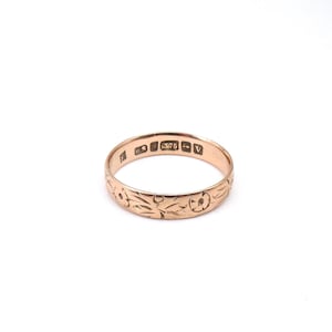 Antique rose gold ring, antique engraved rose gold band, hallmarked Birmingham 1920 large ring size 8.5.