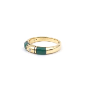 Gold stacking ring, diamond set 18kt gold ring with green aventurine inlay, rounded gold ring.