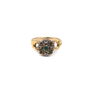 Antique emerald ring, with ornate shoulders and band, antique emerald flower ring, exceptionally beautiful ring.