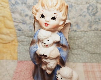 Lefton Angel in Blue with Lambs Figurine Vintage Japan