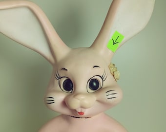 Vintage Easter Bunny Rabbit Pink Hard Plastic Bank RDF 68 11.5" Figurine 1969 Roy Des of Florida Flower Power