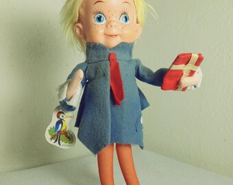 Herman Pecker Tagged Vintage Pose Doll - Elf with Gift Christmas Themed Figure
