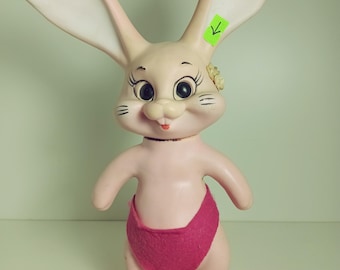 Vintage Easter Bunny Rabbit Pink Hard Plastic Bank RDF 68 11.5" Figurine 1969 Roy Des of Florida Flower Power