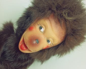 Vintage 1960s Rubber Face Monkey Toy Made of Real Rabbit Fur with Strings Japan