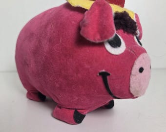 Peluche cochon Hambone en velours rose, Japon des années 50, Dakin Dream Pets, avec chapeau jaune, fleur