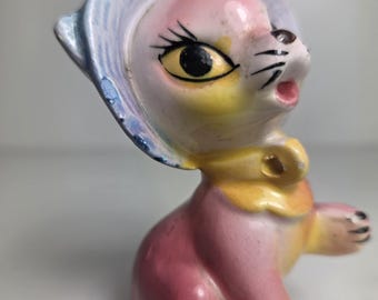 Vintage Pink Cat with Blue Hat and Big Eyes Pastel Ceramic Figurine 1940s/1950s MCM Kitsch Japanese