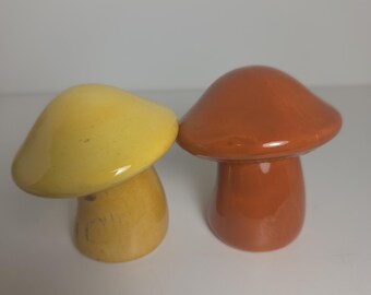 Pair of Vintage 1970s Decorative Ceramic Mushrooms, Orange and Yellow, 3 inch
