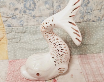 1950s Ceramic Fish Figurine/Statue White and Gold Iridescent 3" Vintage Decor