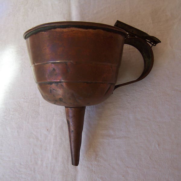 Vintage Copper Jelly/Oil/Moonshine Funnel with Stop Trigger Handle & Screened Strainer