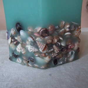 Handmade Hexagon Shape Wax Candle Holder w/Embedded Shells and Votive Holder Aqua image 4