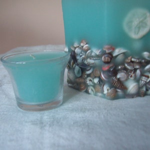 Handmade Hexagon Shape Wax Candle Holder w/Embedded Shells and Votive Holder Aqua image 5