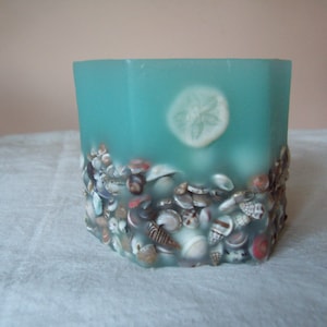 Handmade Hexagon Shape Wax Candle Holder w/Embedded Shells and Votive Holder Aqua image 1