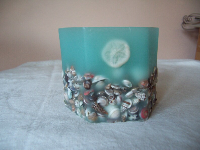 Handmade Hexagon Shape Wax Candle Holder w/Embedded Shells and Votive Holder Aqua image 1