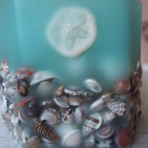 Handmade Hexagon Shape Wax Candle Holder w/Embedded Shells and Votive Holder Aqua image 2