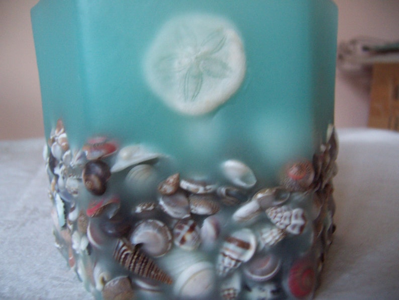 Handmade Hexagon Shape Wax Candle Holder w/Embedded Shells and Votive Holder Aqua image 2