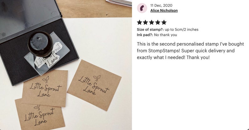 May include: Three brown paper cards with the text "Little Sprout Lane" and a small green sprout graphic printed on each. A black ink pad and a wooden stamp with the same text and graphic are also shown.